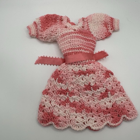 Other - VTG Crochet Cotton Barbie Doll Dress Pink Variegated Ribbon Bead Knee‎ Length